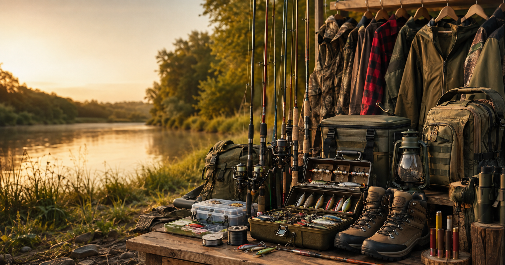 Equipamentos de pesca, camping e aventura organizados perto de um rio